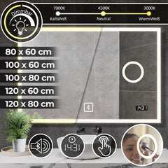 Aquamarin - Led spiegel - 80 x 60 cm - Met Make-up Spiegel - Badkamerspiegel - Bluetooth Speaker - Touch - A++ - Dimbaar
