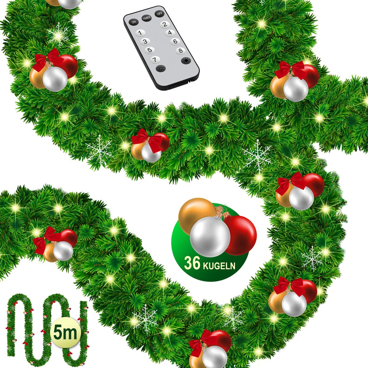 KESSER® Kerstslinger | Guirlande met 100 LED's warmwit Lampjes - Kerstversiering, Kerstguirlande LED verlichting voor Kerstboom en Binnen & Buiten, Kerstverlichting Slinger voor Kerstmis - Groen, 5M / 100 LEDs met afstandsbediening