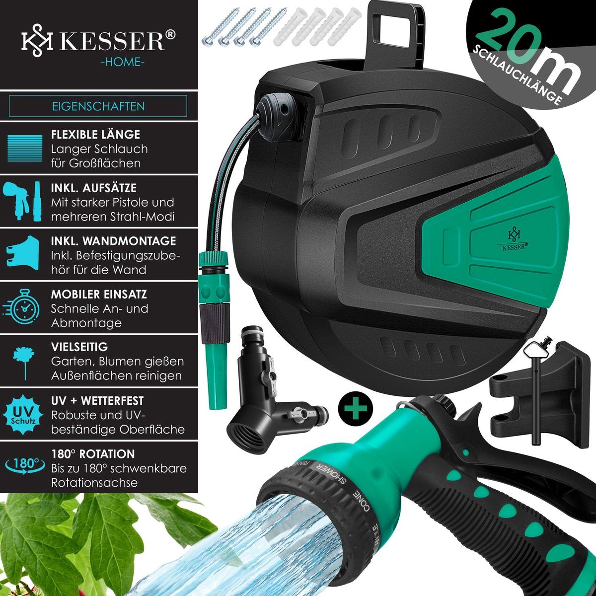KESSER® Tuinslanghaspel Automatische Wandslangenbox inclusief 30 meter Tuinslang en Muurbevestiging - Blauw