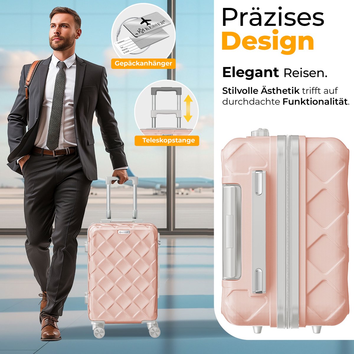 KESSER® Kofferset 3-delig | Reiskoffer met Wielen inclusief Paspoorthouder & kofferweegschaal & bagagelabel | Trolley Reiskofferset met groote Koffers & Handbagage / Ruimbagage - Nude Grey