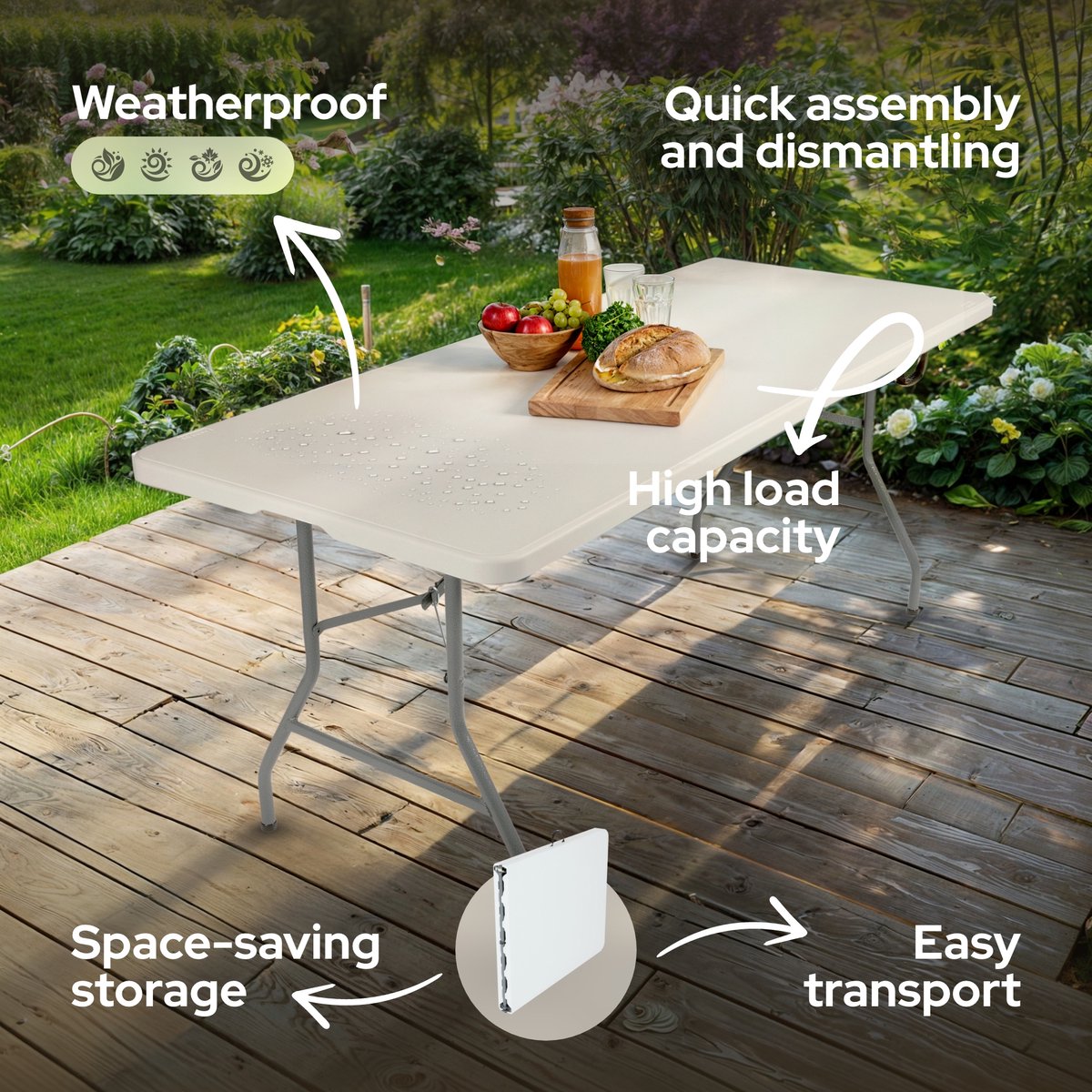 AREBOS Klaptafel - Inklapbare tafel - Campingtafel - Vouwtafel - Weerbestendig - Wit - 182 × 74 × 74 cm - 8 personen