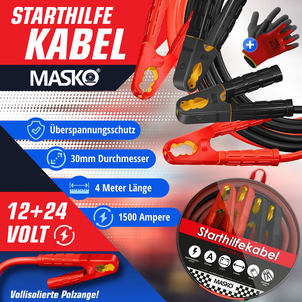MASKO® Startkabels Auto 4 Meter 1500A voor benzine, diesel en hybride Motoren | Starthulp Jumpstarter Geschikt voor Auto, Vrachtwagen, Bus en Boot| inclusief handschoenen en opbergtas - Zwart / Rood