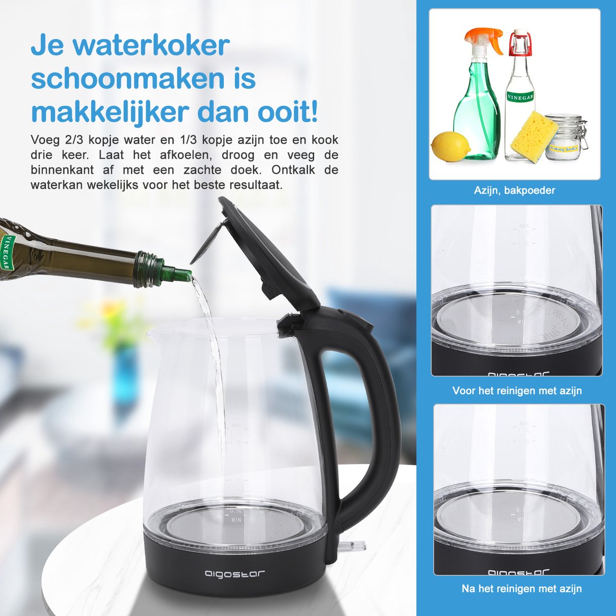 Aigostar Glazen Waterkoker - LED - 1,7L - 2200W - Zwart •