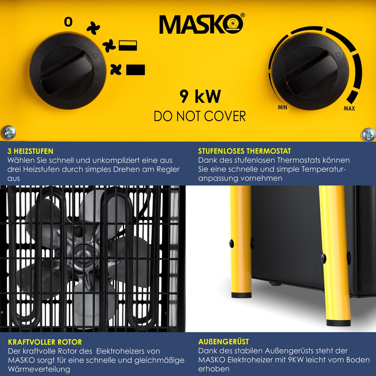MASKO® Bouwkachel 9kW - Ventilatorkachel voor Binnen- en Buiten Elektrische Kachel Keramische Werkplaatskachel Electrische Verwarming 9000 Watt - Geel
