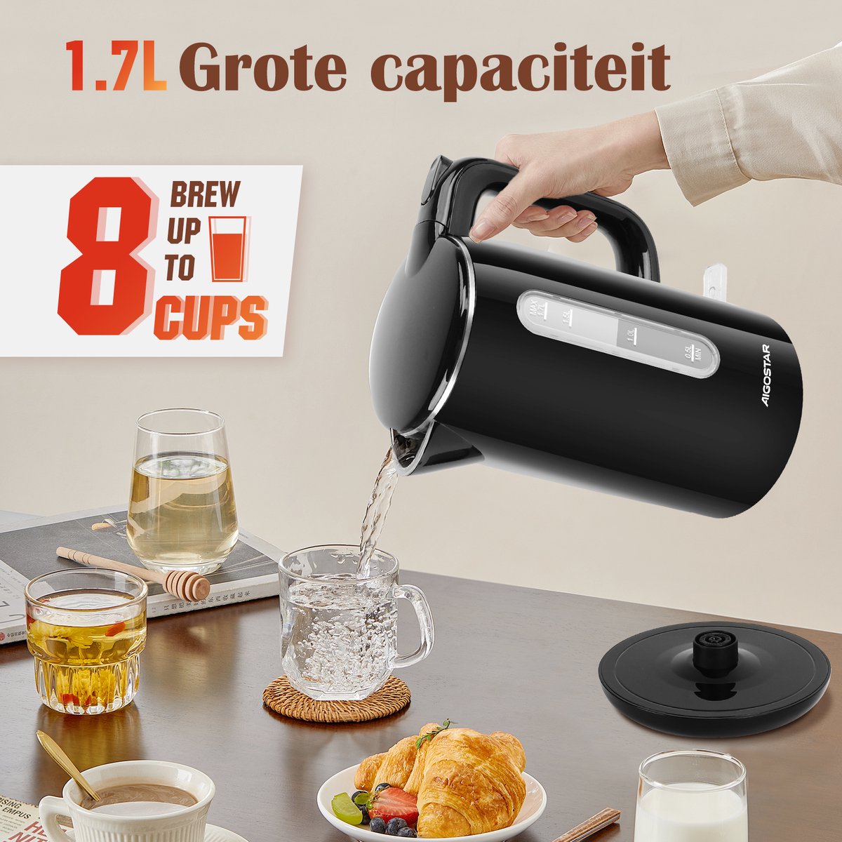 Aigostar Waterkoker Dubbelwandig - 1,7L - Retro - 2200W - Zwart •