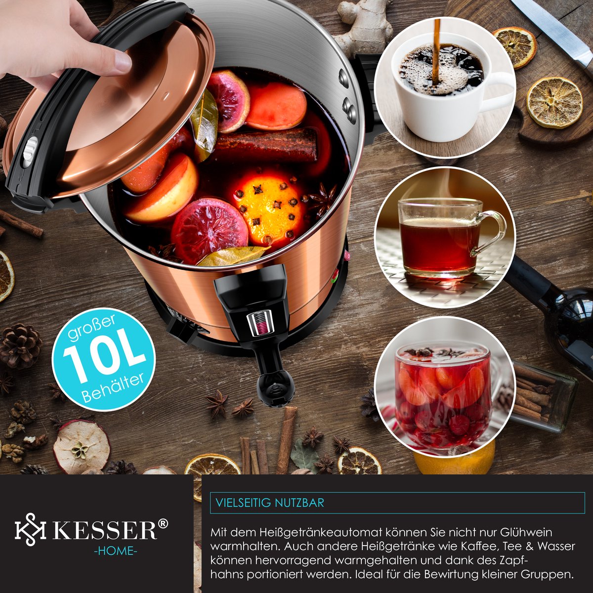 KESSER® Gluhweinketel 10 Liter - Elektrische Ketel voor Gluhwein - Glühweinketel Roestvrij Staal Incl. 10x Mokken Warm Dranken Dispenser voor Glühwein met Thermostaat Water Koker - Koper