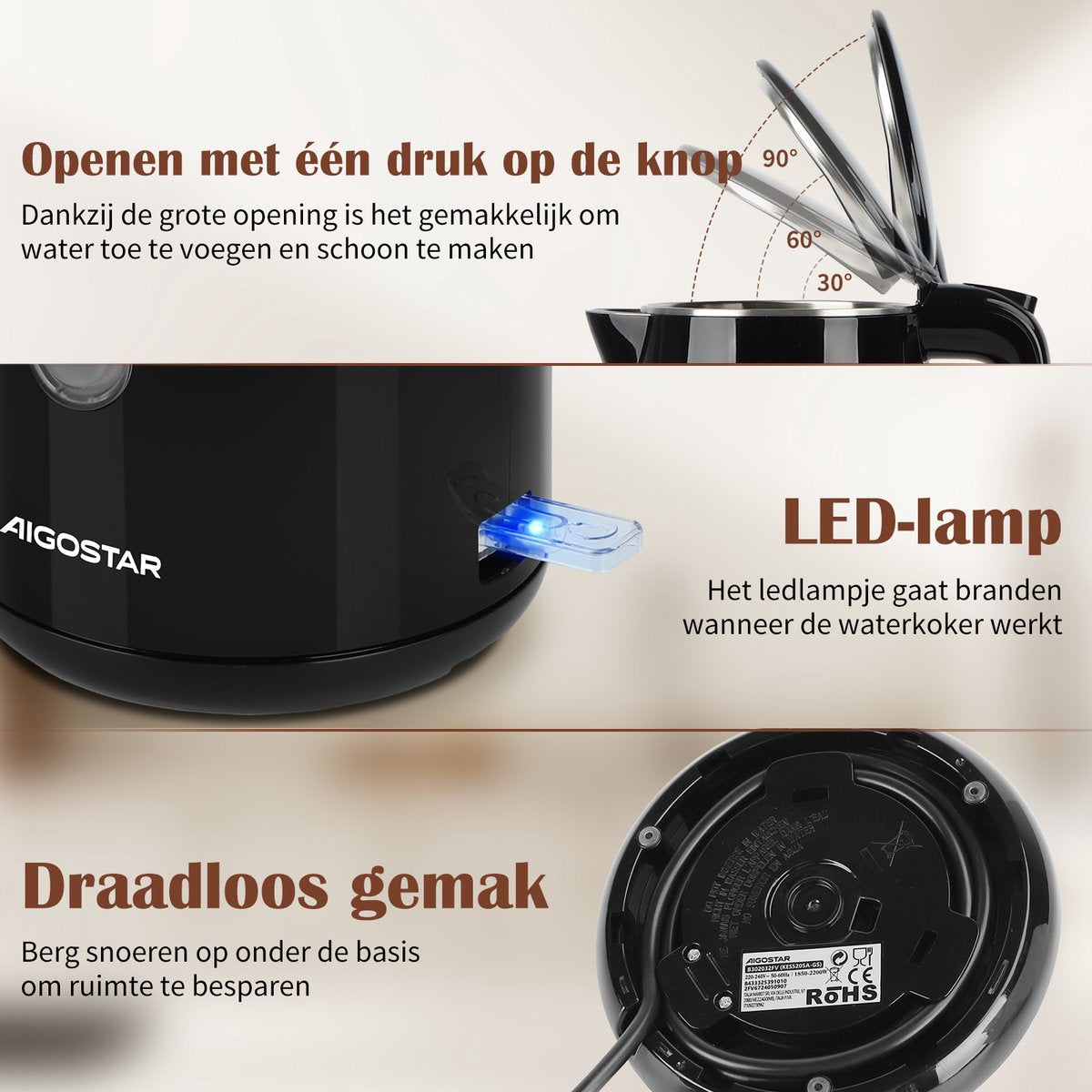 Aigostar Waterkoker Dubbelwandig - 1,7L - Retro - 2200W - Zwart •