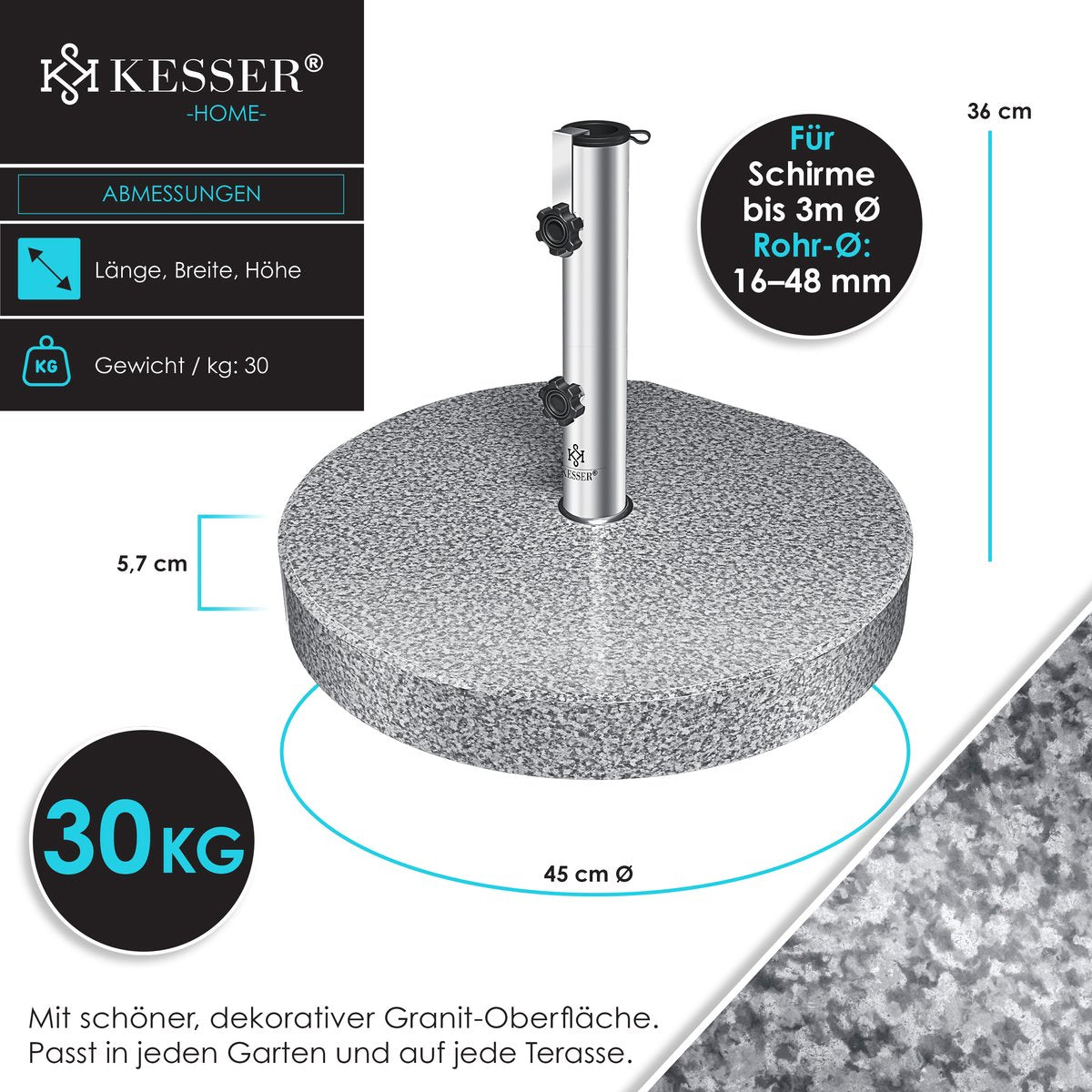 KESSER® Parasolvoet op wielen Graniet 30 kg - Parasol voet tot Ø38mm - Ø48mm verrijdbaar Ø45cm - Grijs