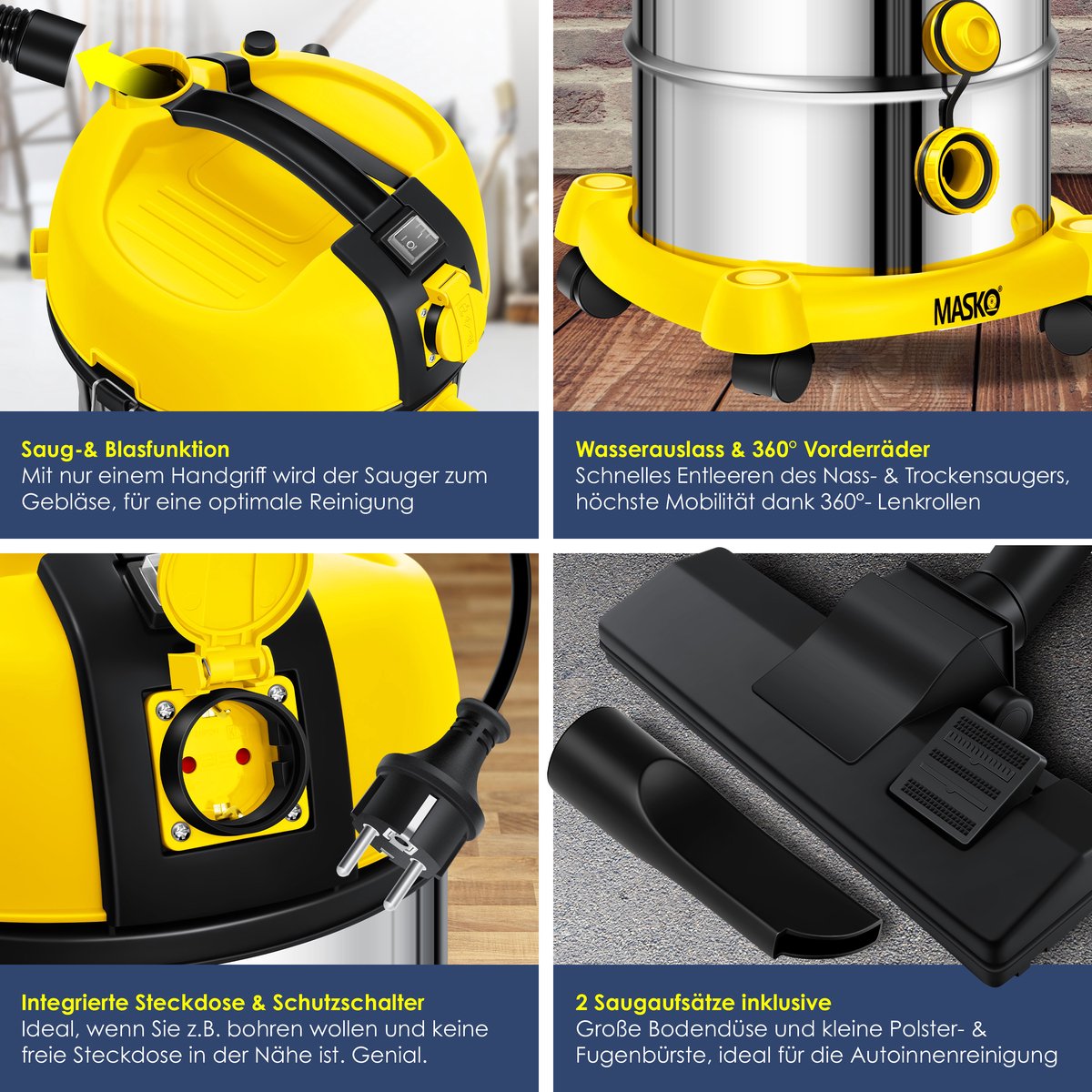 MASKO® Industriële stofzuiger 2300W - Droog- & Natzuigen - Geel
