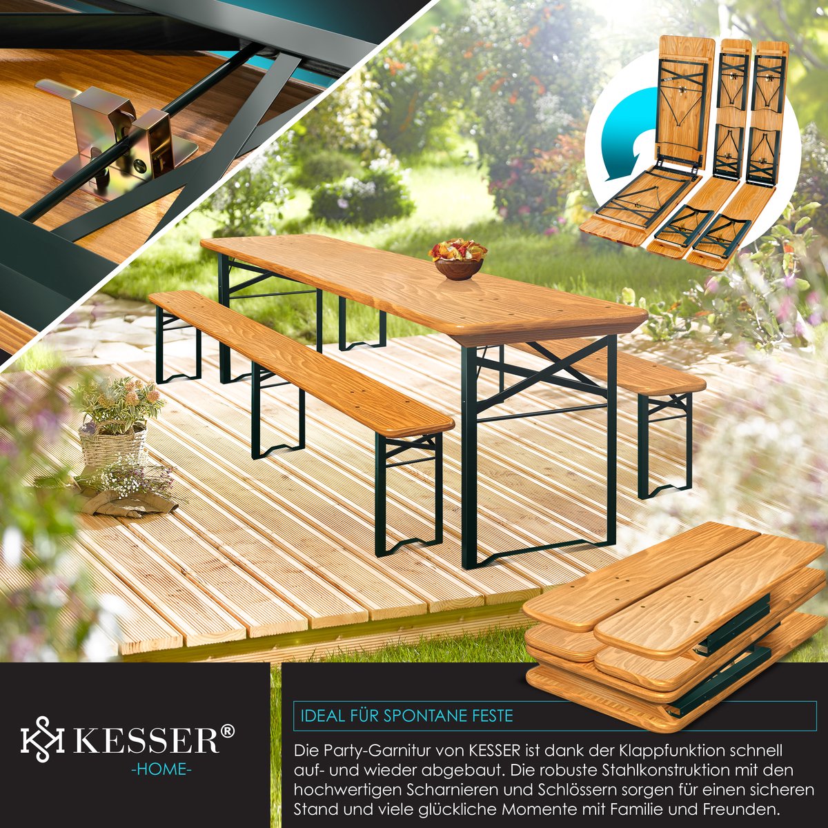 KESSER® 1x Biertafel met 2x banken opvouwbaar - biertafelset (220 x 50 x 77cm) 2x bierbanken 1x biertafel - 3-delige biertentset feesttent set inclusief 12 delige vloerbeschermer set - Bruin