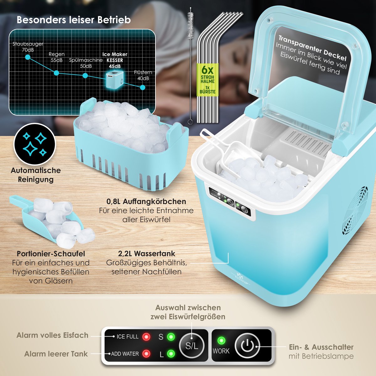 KESSER® Ijsblokjesmaker - Ijsblokjesmachine -12kg/24 uur - RVS - Blauw •