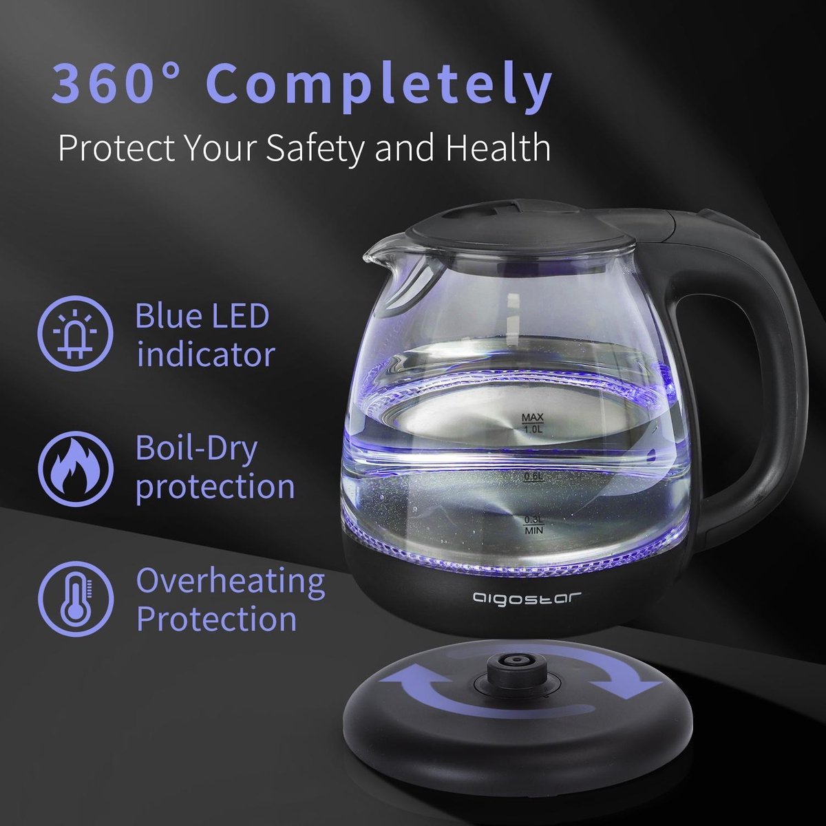 Taylor Swoden Glazen Waterkoker - 1L - 2200W - LED - Zwart