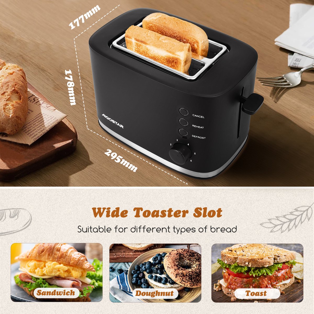 Aigostar 30J4R - Broodrooster - Retro - Toaster - 6 Warmteniveaus - 2 Extra Brede Sleuven - 800W - Zwart
