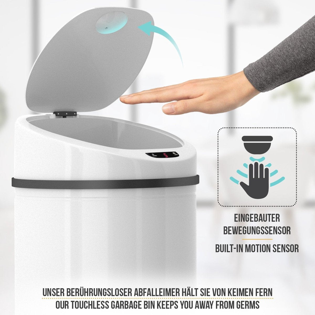 Jago- Vuilnisbak / Afvalbak met sensor - 50L - RVS - waterdicht met klemring - automatische prullenbak - Wit