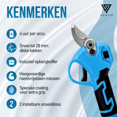 Vesto® Elektrische Snoeischaar - Draadloos met 2 Accu's en Opbergkoffer - Professioneel Takkenschaar voor 28mm - Tuinschaar - Heggenschaar op Batterij - Voor Snoeien van Takken & Heggen