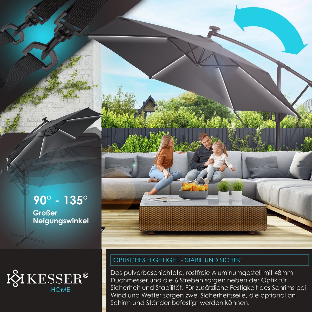 KESSER® Zweefparasol met voet - LED - Ø 3m - 360° Draaibaar  - Antraciet •