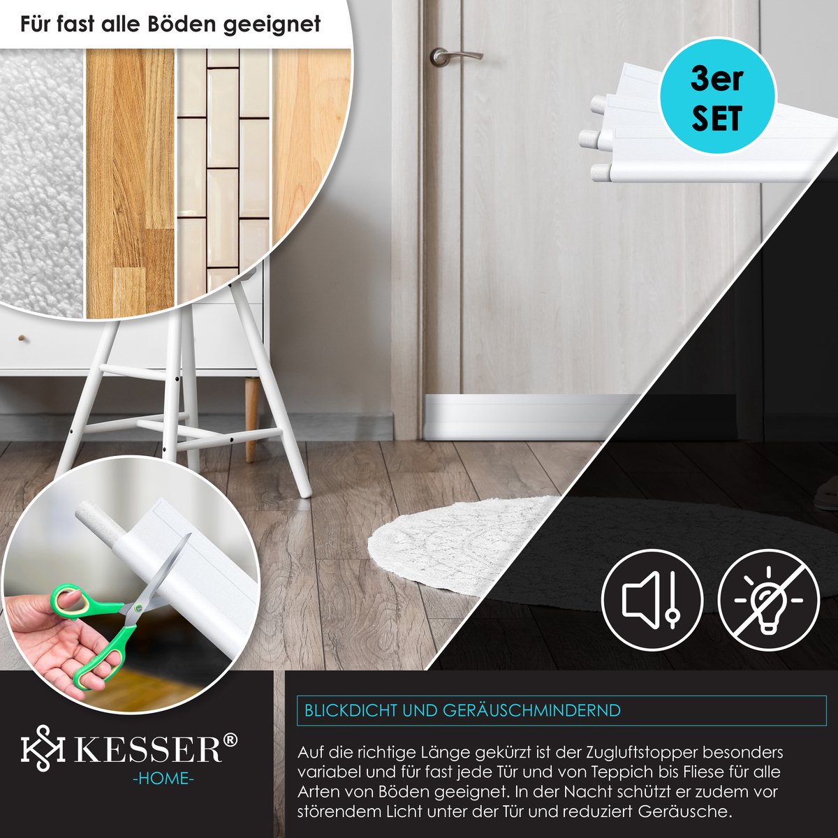 KESSER® Tochtstrip set van 3 - Tochtstopper kan op maat worden gesneden Tochtband tot 95 cm Geschikt voor alle deuren Tochtrol afwasbaar Tochthond tochtwering bescherming tegen geluid en tocht - Wit