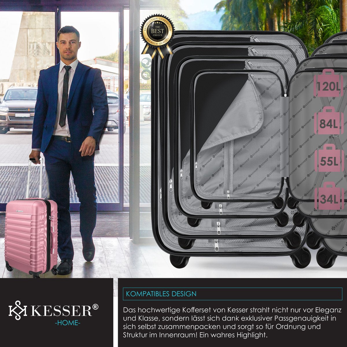 KESSER® 4x Koffer, reiskofferset, trolley koffer, incl. bagageweegschaal + bagagelabel rollend kofferslot, 4 wielen ABS, harde schaal telescoopgreep S-M-L-XL - Roze