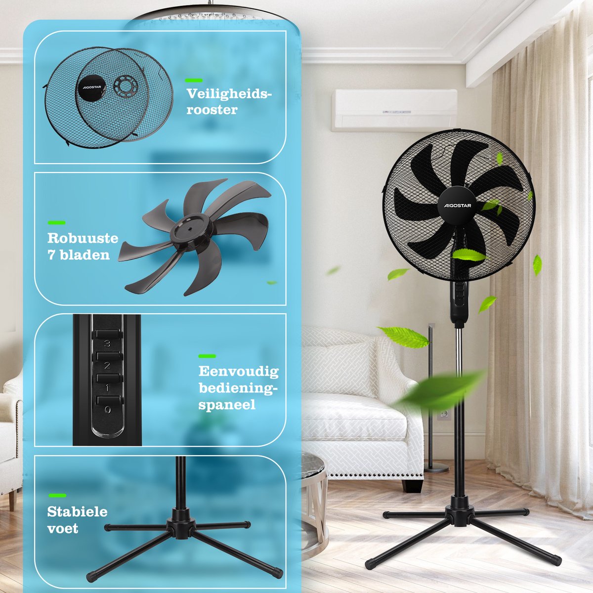Aigostar Statiefventilator - Ventilator Staand - Verstelbaar - 50W - Zwart •