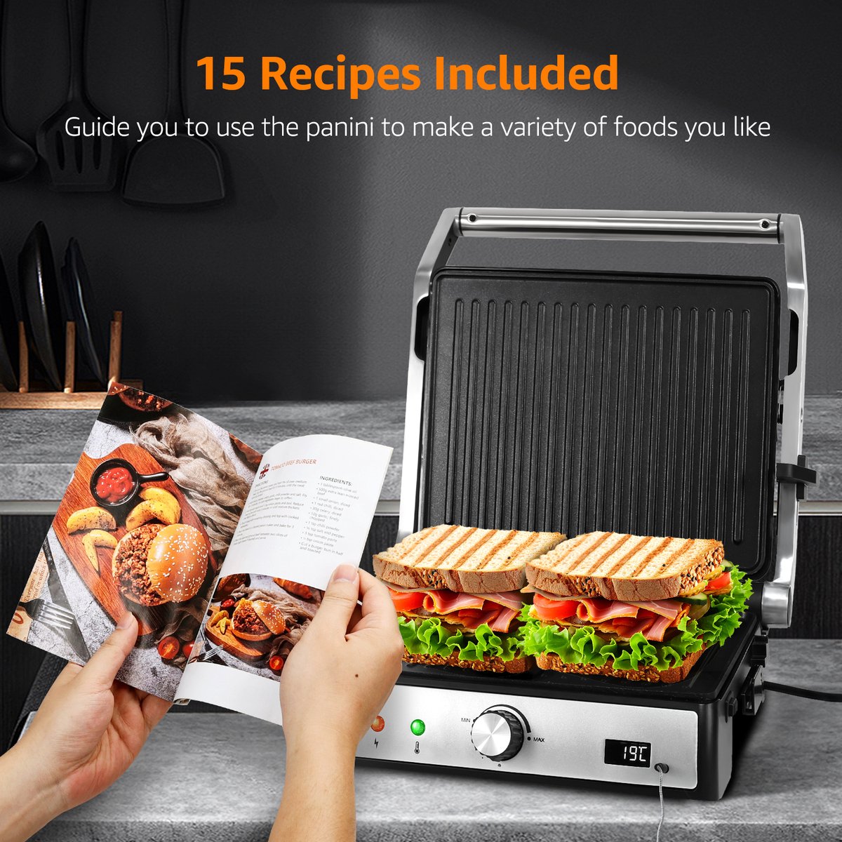 Aigostar Contactgrill - Panini Grill - Antiaanbaklaag - 2000W - Grijs