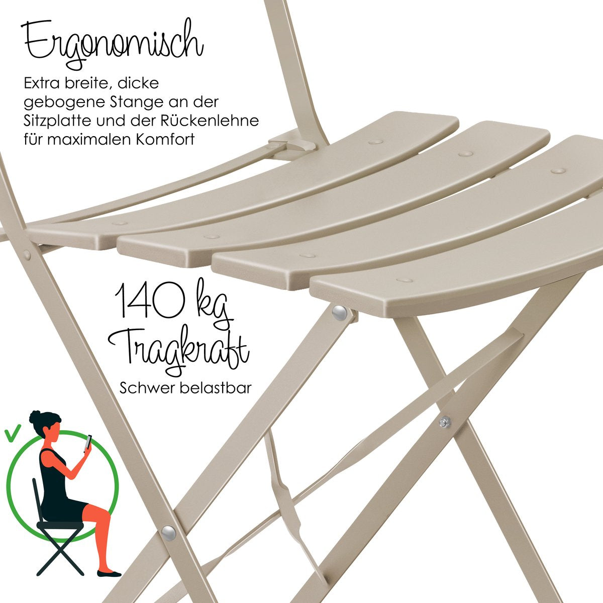 KESSER® Bistroset 3-delige Tafel met 2 inklapbaar stoelen - Balkonset Bistrotafel Bistrostoel Vouwmeubels Tuinset Zitgroep Metalen Tuintafel - Cappuccino