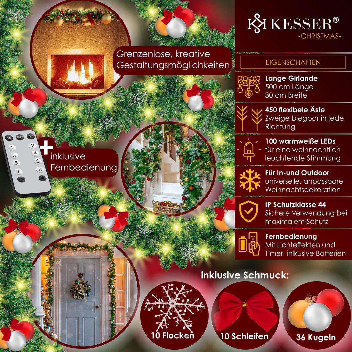 KESSER® Kerstslinger | Guirlande met 100 LED's warmwit Lampjes - Kerstversiering, Kerstguirlande LED verlichting voor Kerstboom en Binnen & Buiten, Kerstverlichting Slinger voor Kerstmis - Groen, 5M / 100 LEDs met afstandsbediening