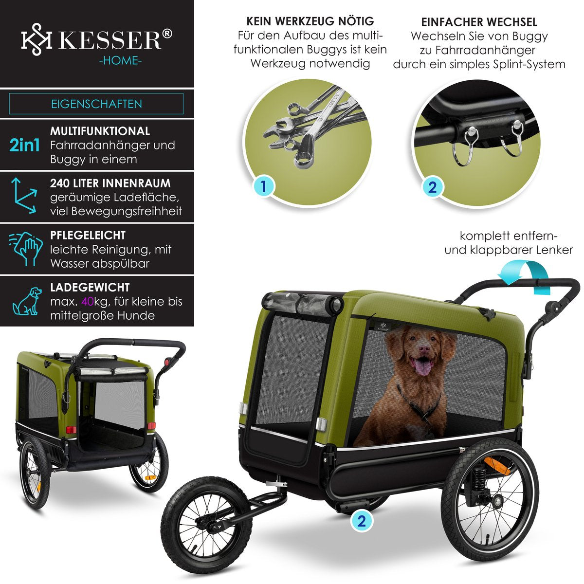 KESSER® Hondenfietskar tot 40 kg 3in1 Hondenbuggy - Fietskar Hond Jogger - Khaki