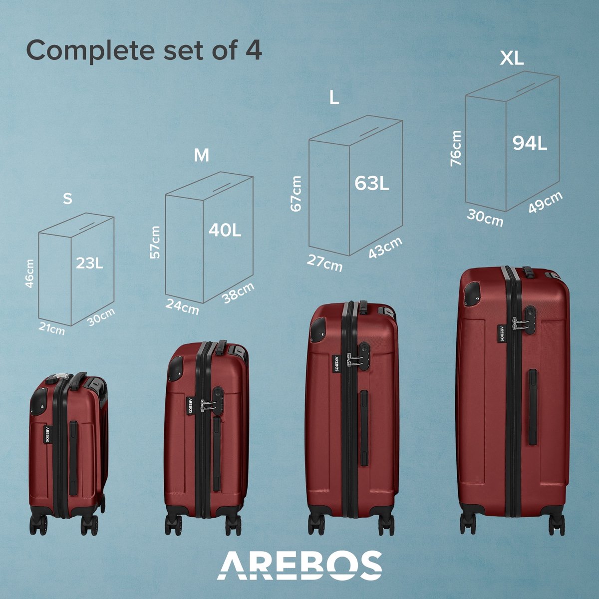 AREBOS Set van 4 reiskoffers Hard-shell koffers Set koffers S-M-L-XL Rood