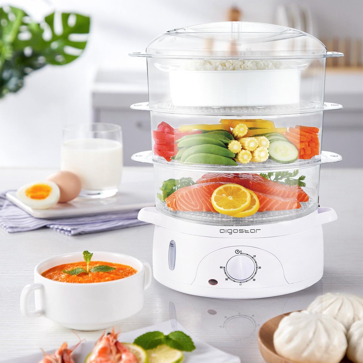 Aigostar Stoomkoker - 9L - 800W - 3 Lagen - Wit