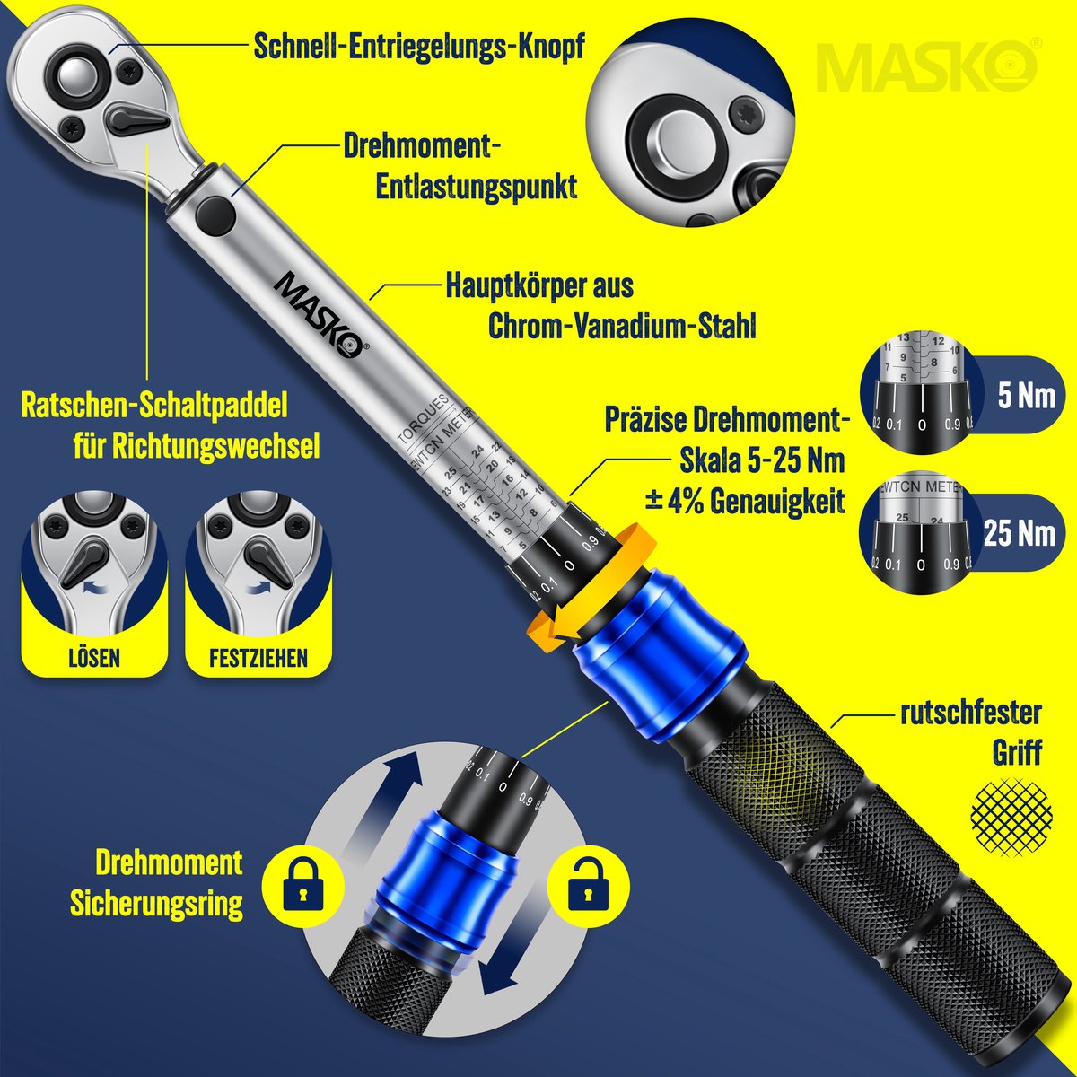MASKO® Momentsleutel - Gereedschapset - Ratelset 5-25Nm - Blauw