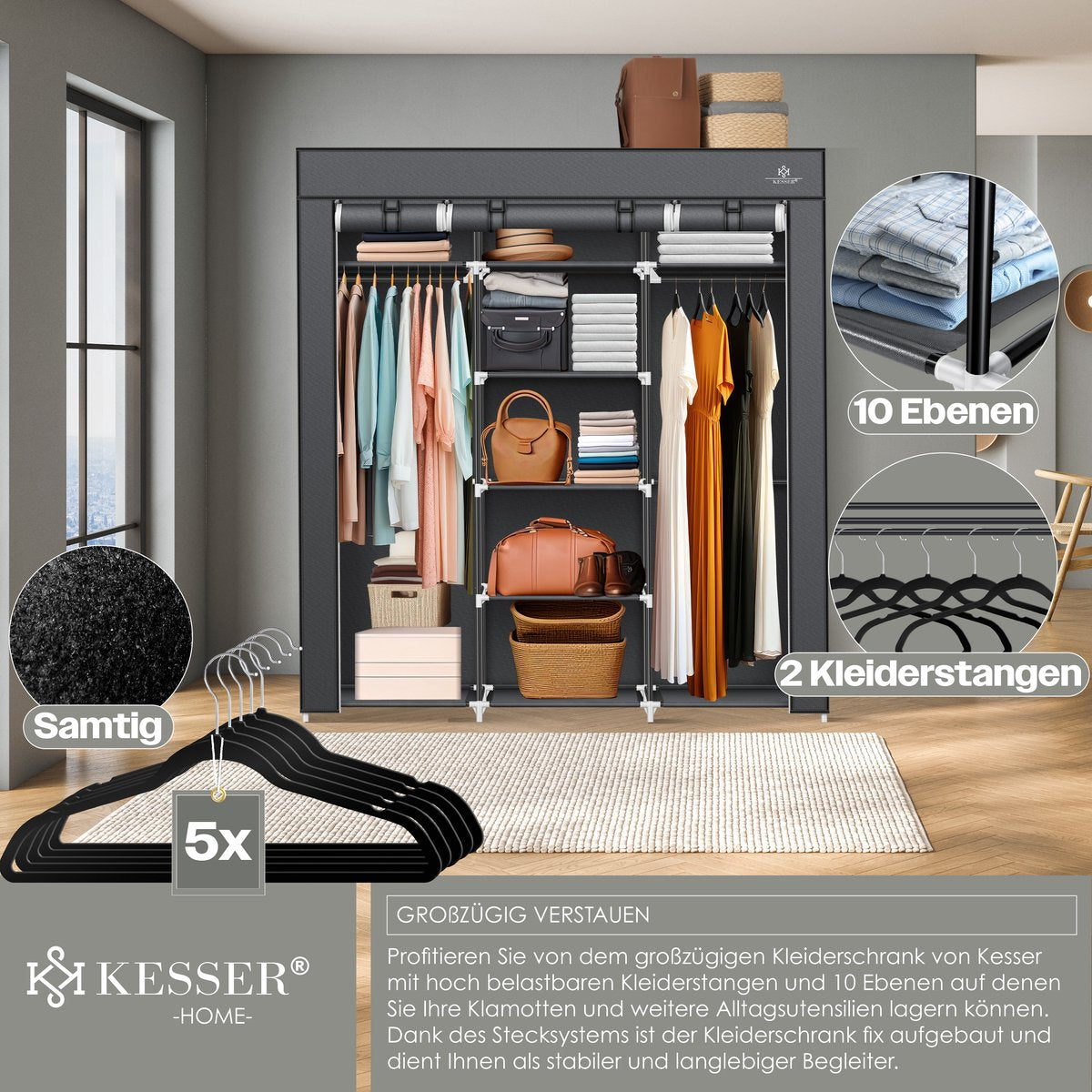 KESSER® Kledingkast - Opvouwbaar - 150x45x175cm - Antraciet