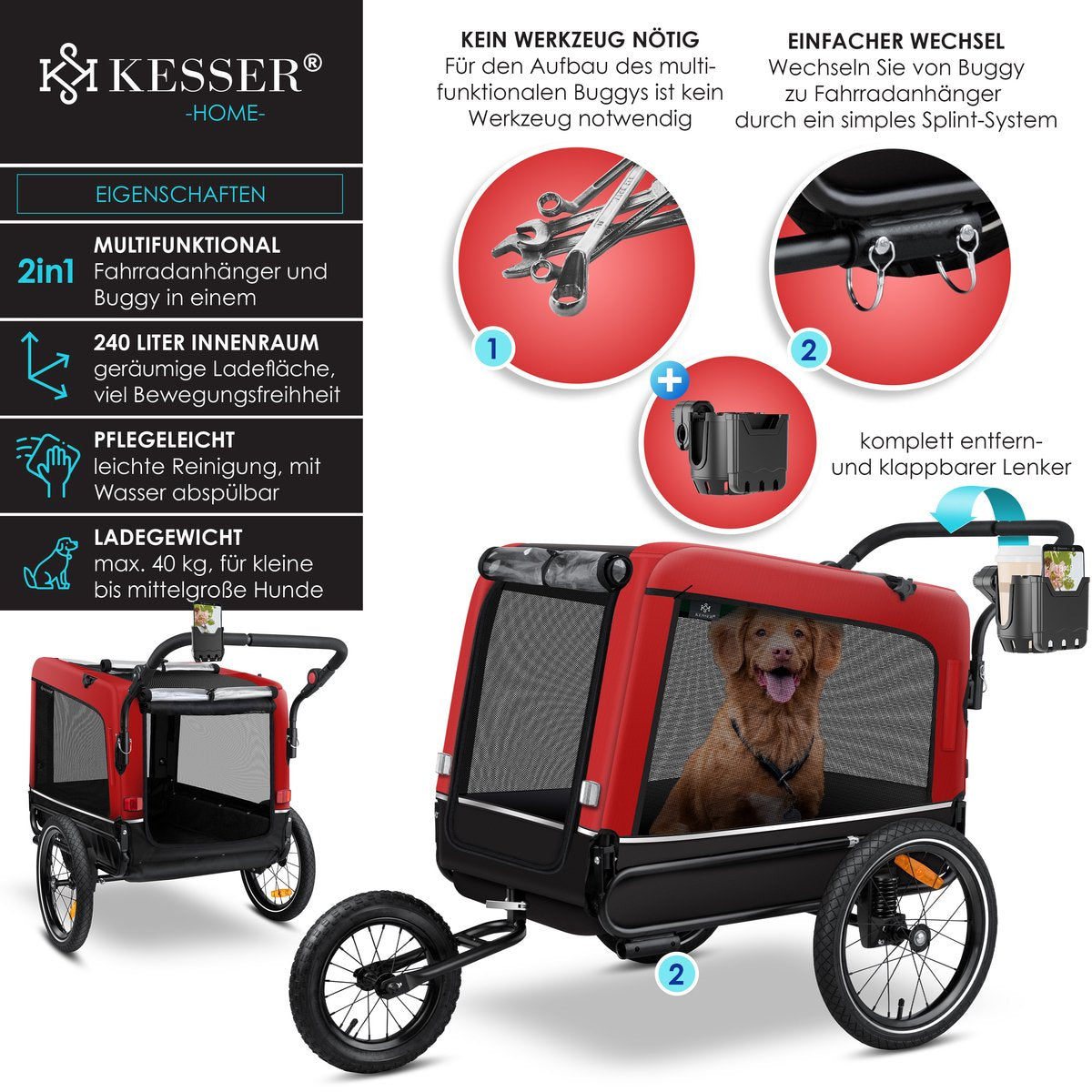 KESSER® Hondenfietskar tot 40 kg 3in1 Hondenbuggy - Fietskar Hond Jogger - Rood