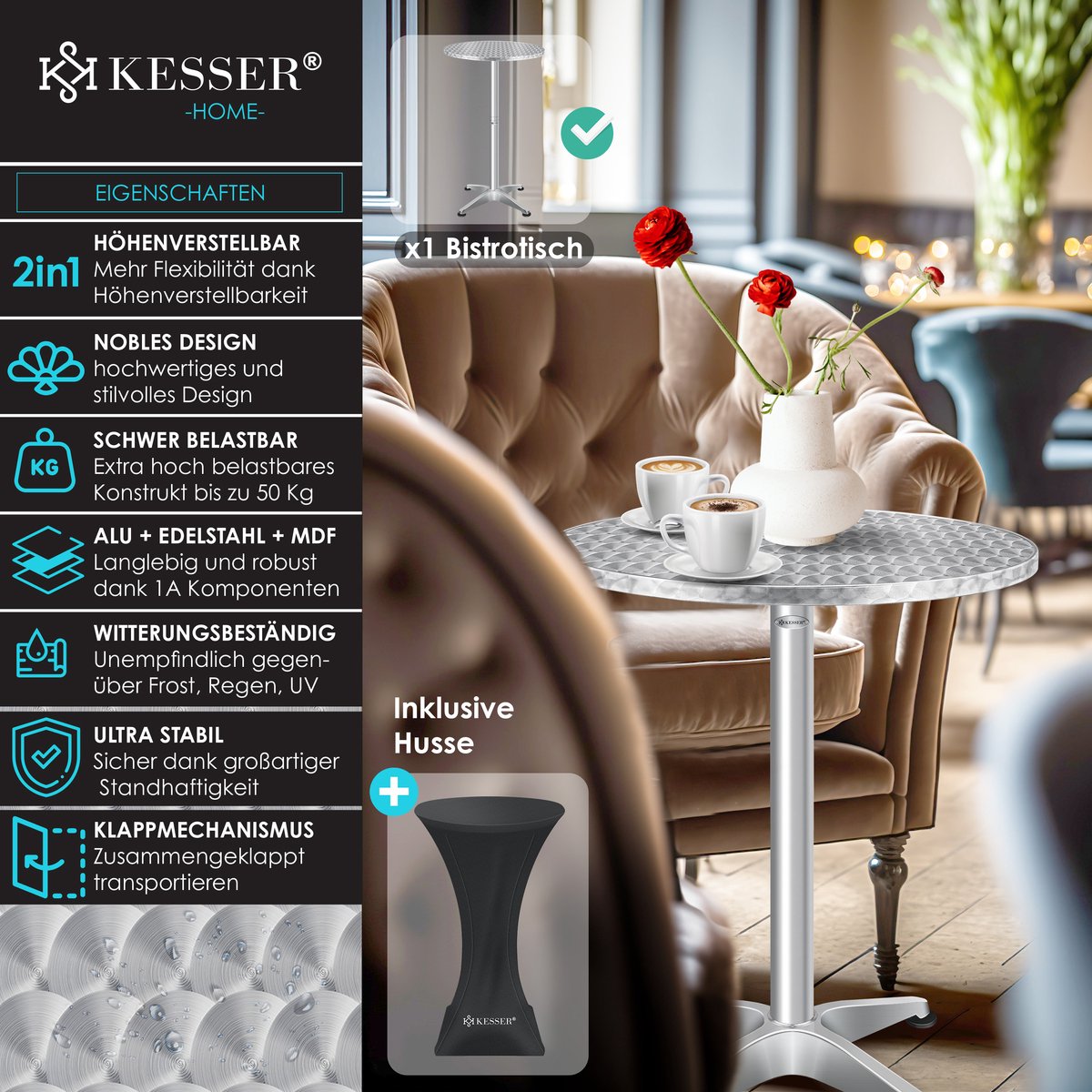 KESSER® Bartafel - Bistrotafel - Verstelbaar - 70-110cm - Zilver •