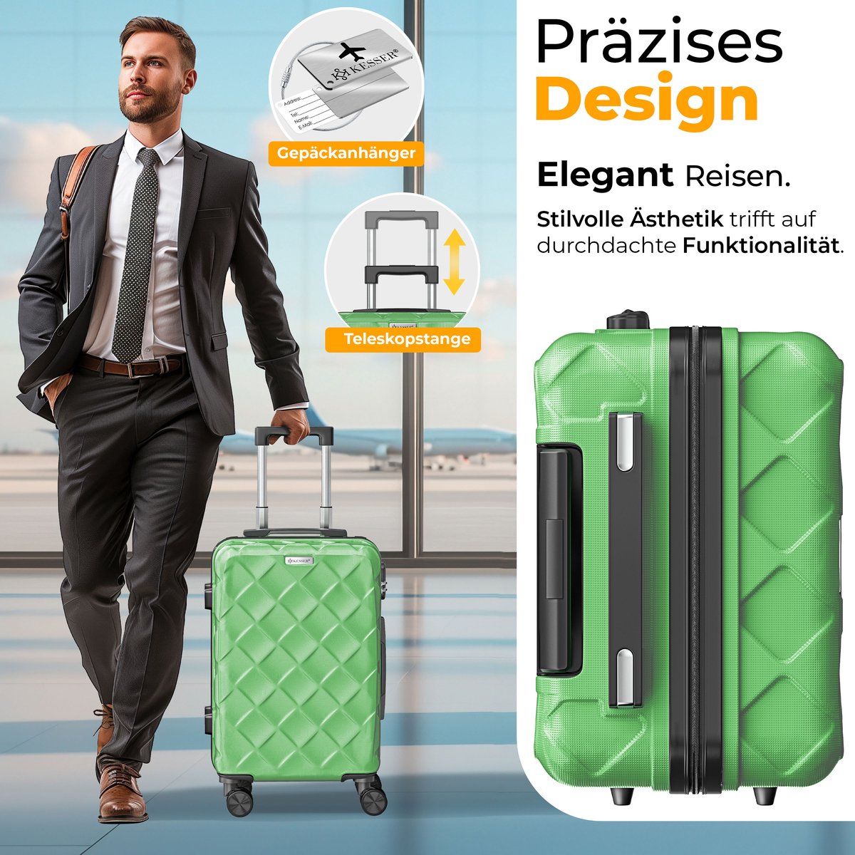 KESSER® Reiskofferset - 3-delig - ABS- Kofferset - Groen