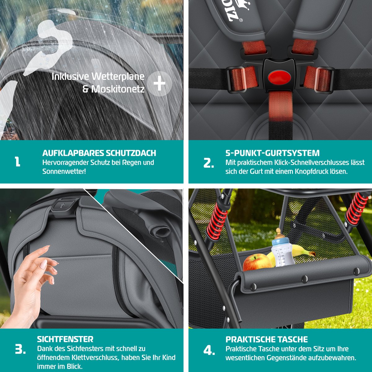 KIDIZ® Buggy 3 in 1 Kinderwagen Inklapbaar met voetenzak Baby Plooibuggy Wandelwagen inclusief Bekerhouder, regenhoes & klamboe Reisbuggy - Antraciet / Zwart