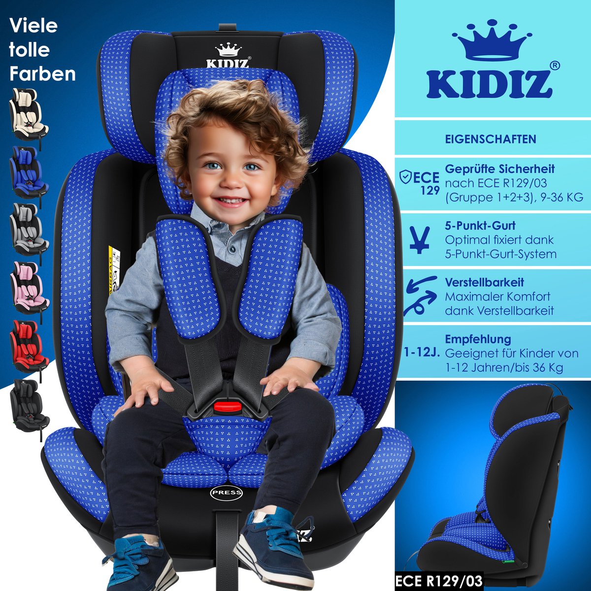 KIDIZ® Autostoeltje - 5-punts veiligheidsgordel - Blauw
