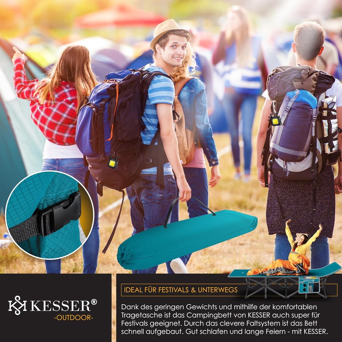 KESSER® Campingbed, veldbed, inklapbaar klapbed, campingbed incl. draagtas, campinglicht + zijzak, stabiel veldbed, 250 kg belastbaar, metalen buis, 600D Oxford-weefsel, draagbaar ligbed, comfortabel