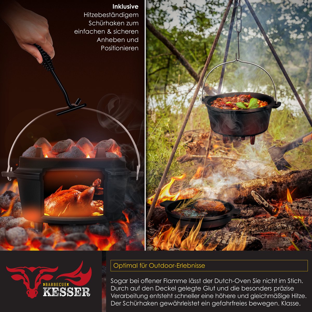 KESSER® Dutch Oven Set - 9L - Vuurpan - Stoofpan - Gietijzeren pan