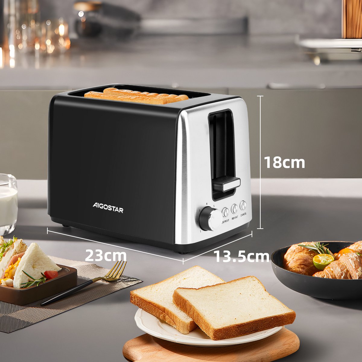 Aigostar 30A49 Delish - Broodrooster - Toaster - 2 Extra Brede Sleuven - 7 Warmteniveaus - Met Externe Grill - Reheat en Ontdooi-functie - 750W - Zwart