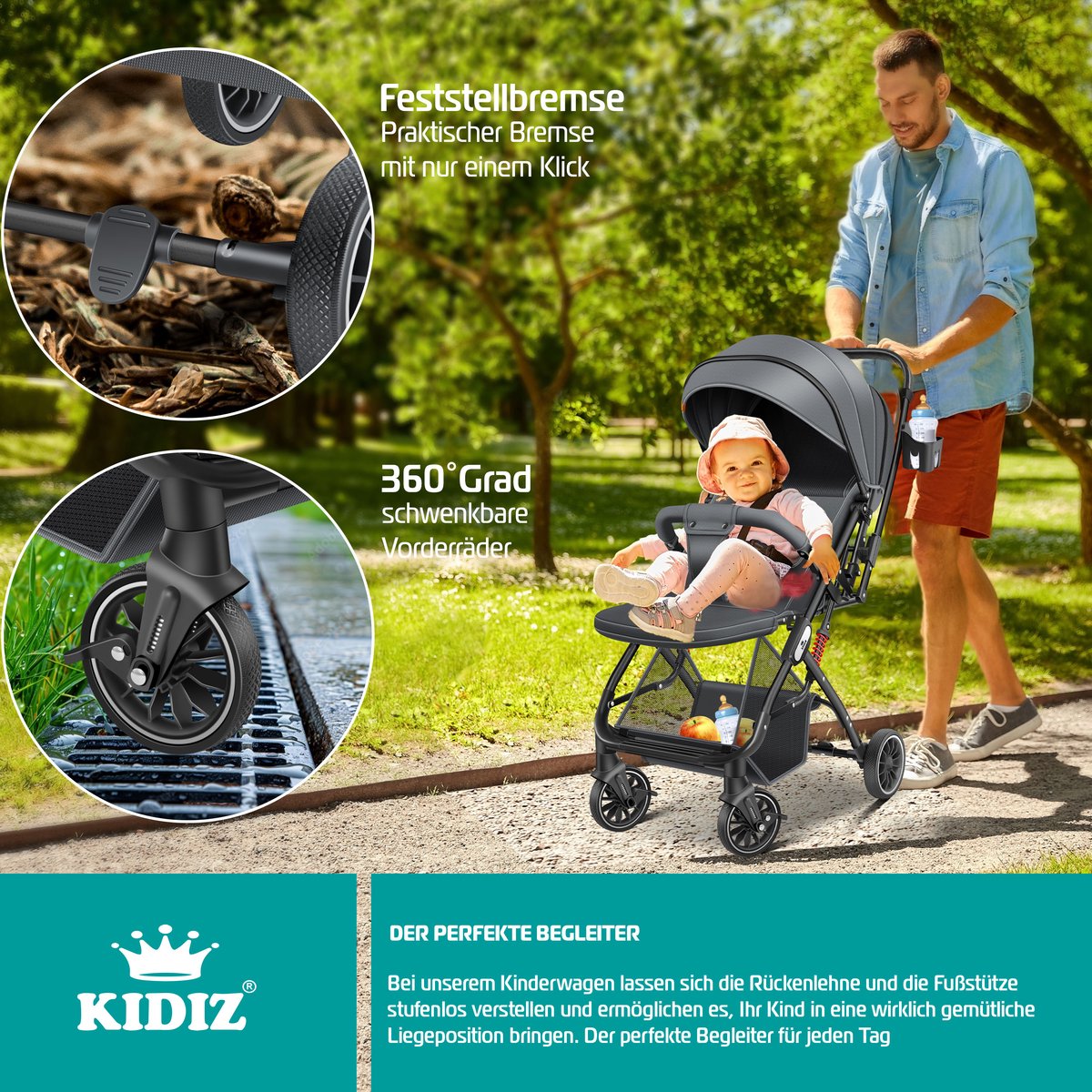 KIDIZ® Buggy 3 in 1 Kinderwagen Inklapbaar met voetenzak Baby Plooibuggy Wandelwagen inclusief Bekerhouder, regenhoes & klamboe Reisbuggy - Antraciet / Zwart
