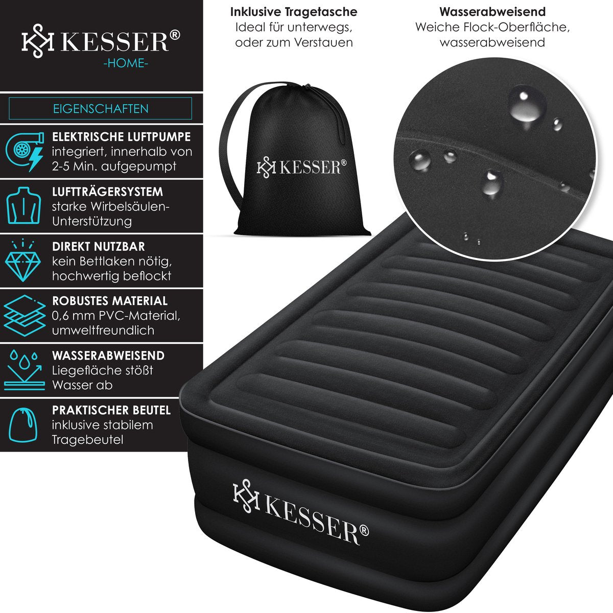 Luchtbed - 1 Persoons - Luchtmatras met pomp - Opblaasbed - Zwart - KESSER® •