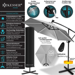 KESSER® Zweefparasol met voet - LED - Ø3m - 360° Draaibaar  - Lichtgrijs