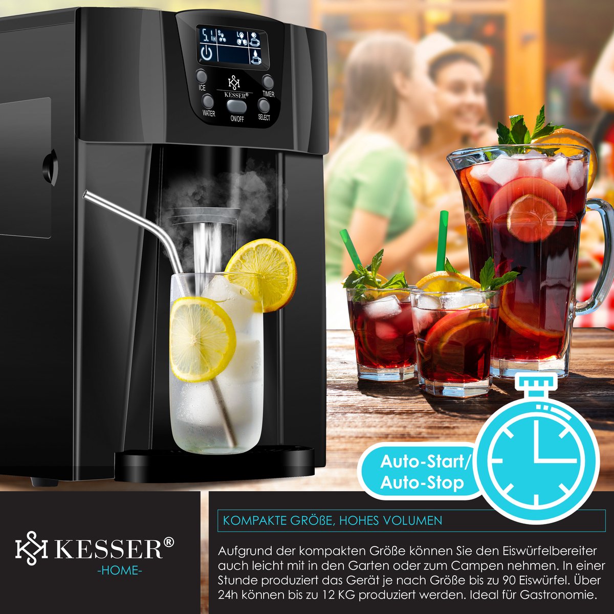 IJsblokjesmachine – 12kg/24 uur – IJsmachine - IJsblokjesmaker - Zwart - KESSER® •