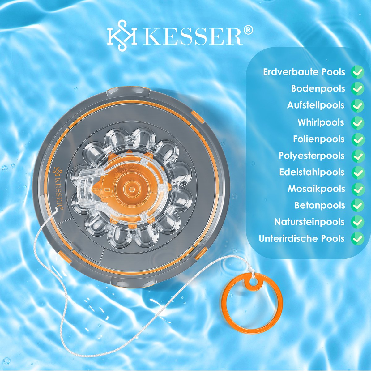 KESSER® Zwembadrobot accu Aqua-9000 incl. transporttas, Stofzuiger voor zwembaden tot 80m², Li-Ion accu max. 75 min, Zwembadreiniger snoerloze zwembadstofzuiger vloerreiniging volautomatische vloerstofzuiger - Oranje