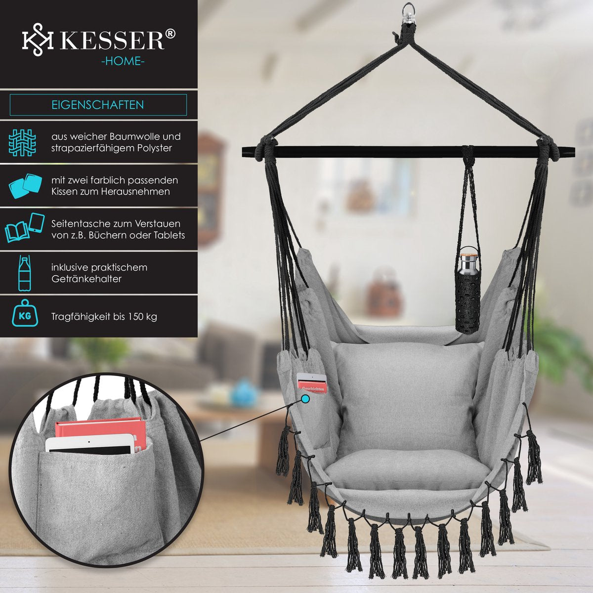 KESSER® XXL Hangstoel - 2 Kussens - Tot 150 kg - Grijs