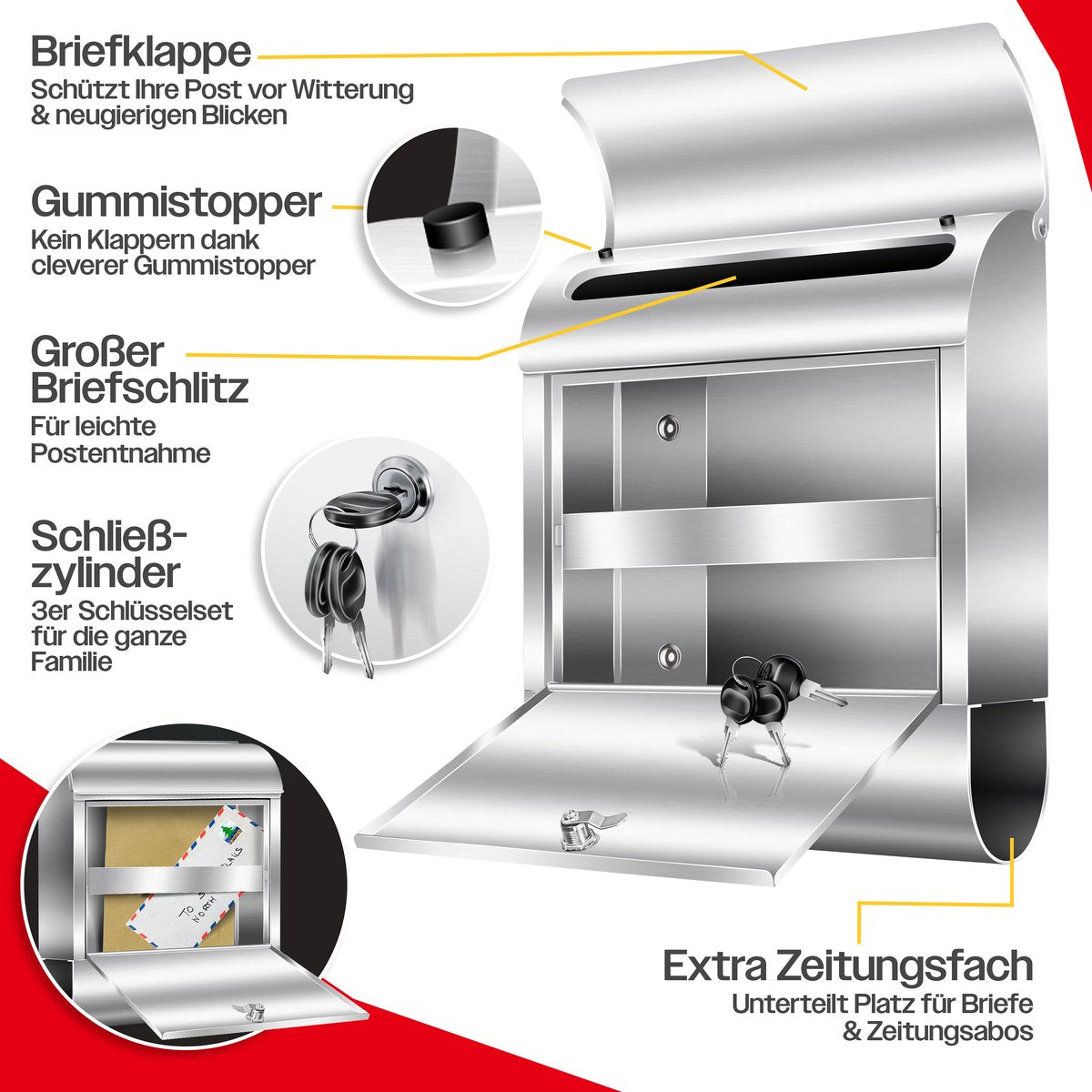 KESSER® RVS Brievenbus  - Wandbrievenbus - Krantenvak - Zilver