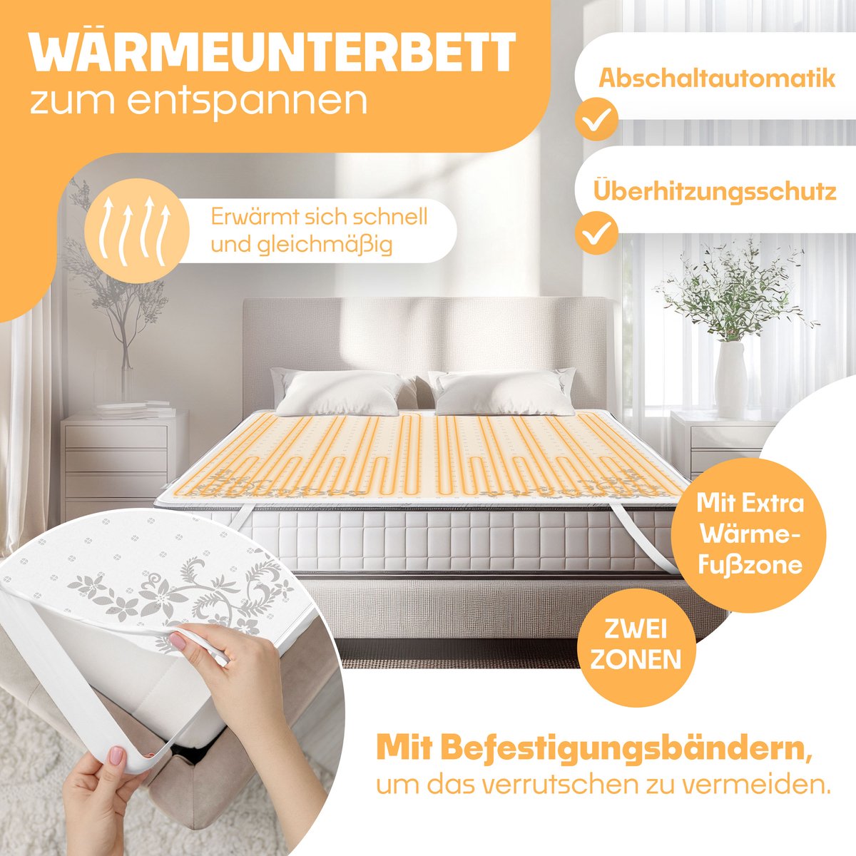 KESSER® Elektrische Onderdeken Warmtedeken met automatisch uitschakelende afstandsbediening | warmte deken met 3 temperatuurstanden | voor matrasverwarming | van zacht fleece - Wit met motief (160 cm x 140 cm)