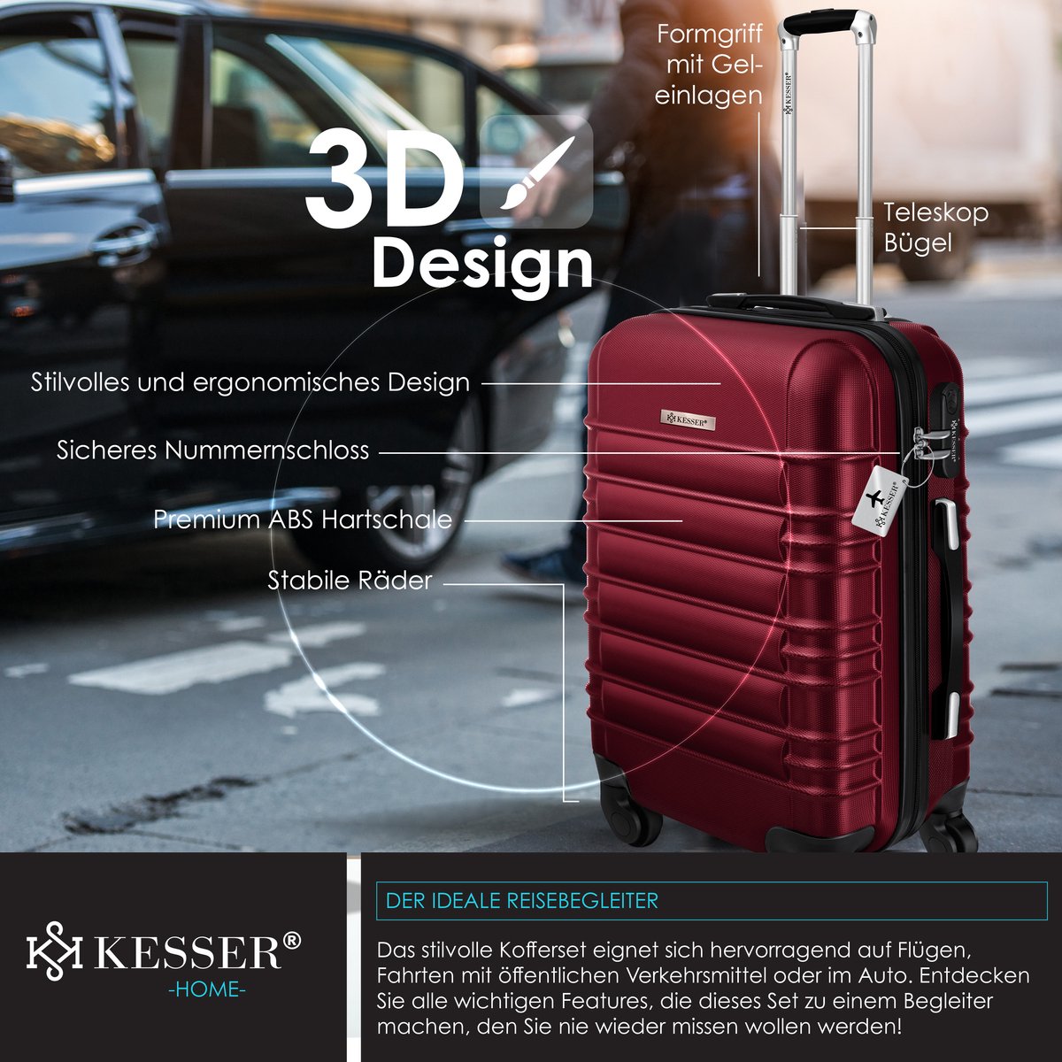 KESSER® 4x Koffer, reiskofferset, trolley koffer, incl. bagageweegschaal + bagagelabel rollend kofferslot, 4 wielen ABS, harde schaal telescoopgreep S-M-L-XL - Bordeaux