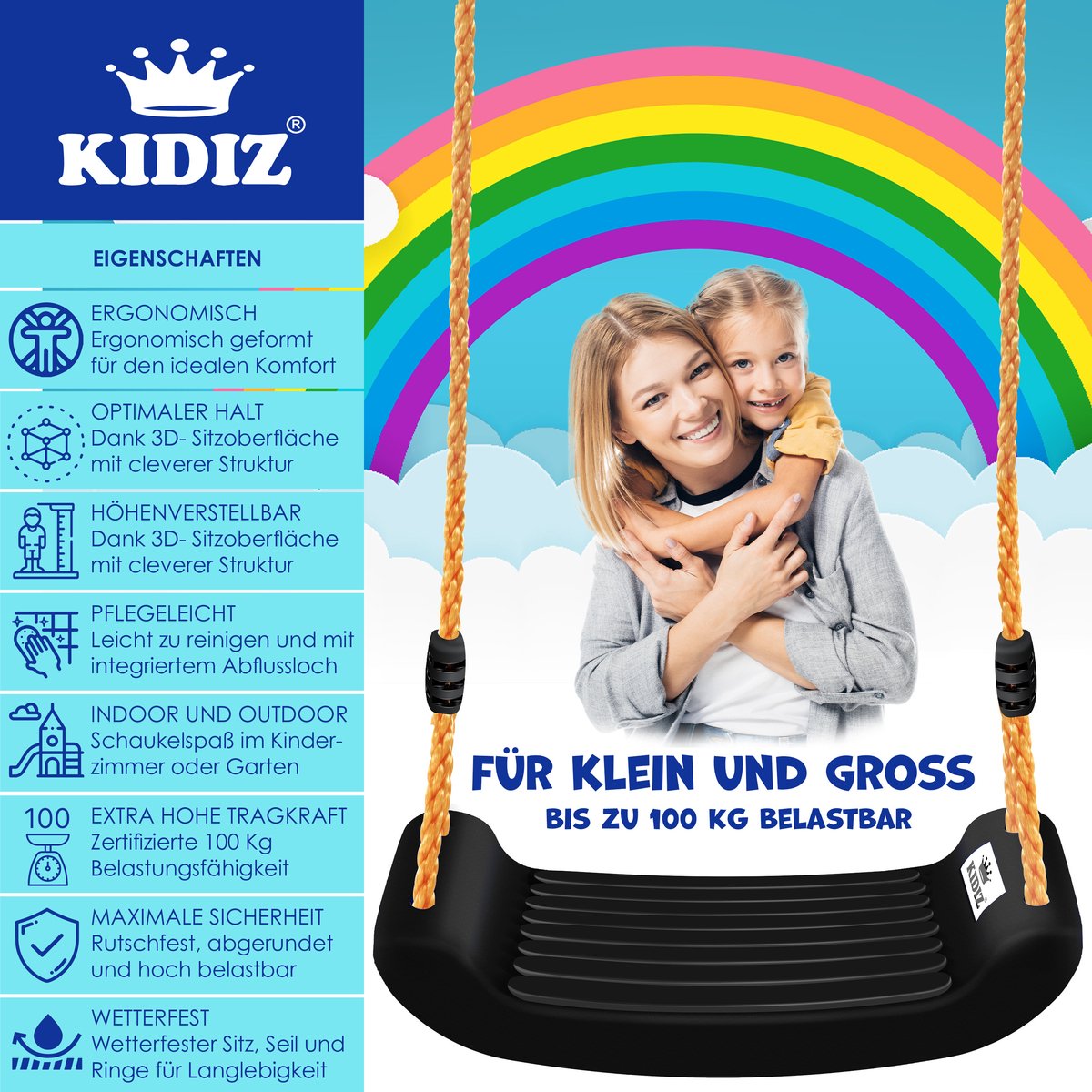 KIDIZ® Schommel Kinderschommel Set - Verstelbaar - Antislip - Zwart