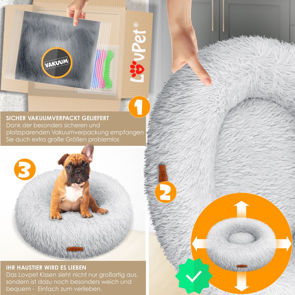 LOVPET® Hondenbed / Hondenmand / Hondenkussen Kattenbed Bagel, Afwasbaar, Incl. Kom + 3x Kauwbotjes, Hondenbank Pluche Kussen Rond Pluche Voor Kleine, Middelgrote & Grote Honden, Katten - 4XL (120 x 120 cm), Lichtgrijs
